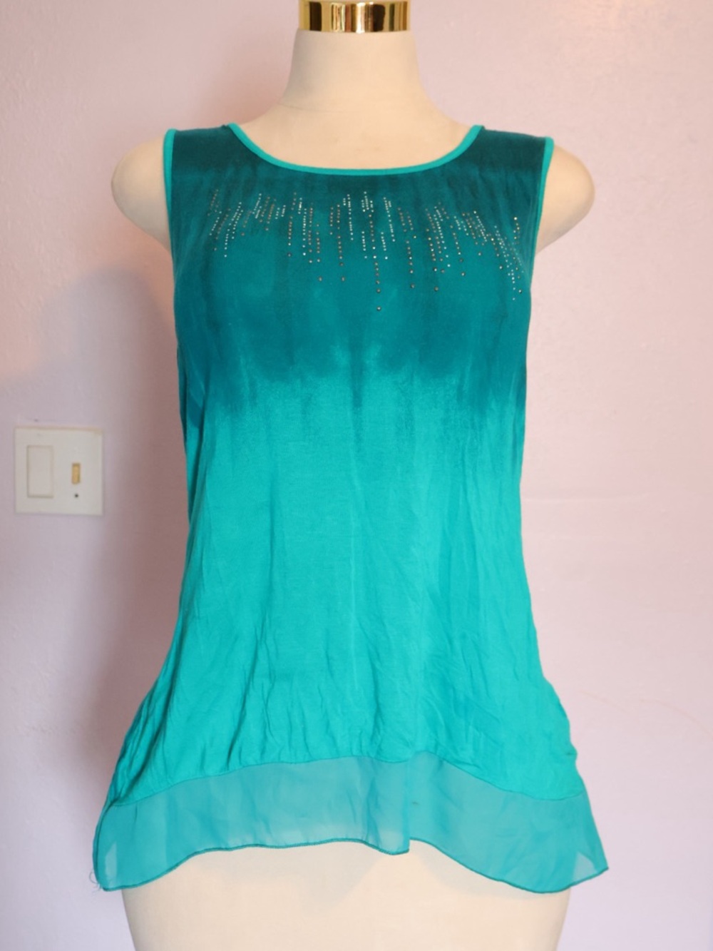 B.L.E.U. Teal Ombre Beaded Chiffon-Hem Tank